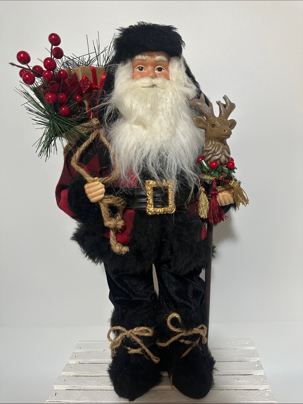 Holiday Santa Figurine in Black and Red Plaid - Decorative Christmas Figurine